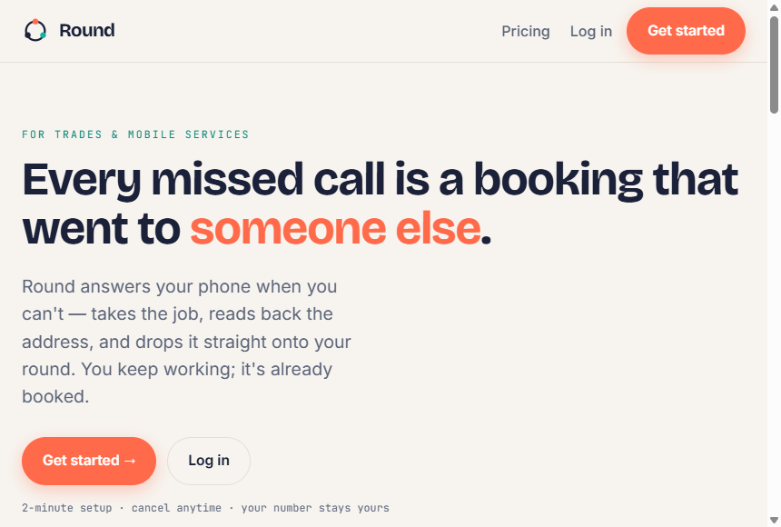 Round landing page — every missed call is a booking that went to someone else